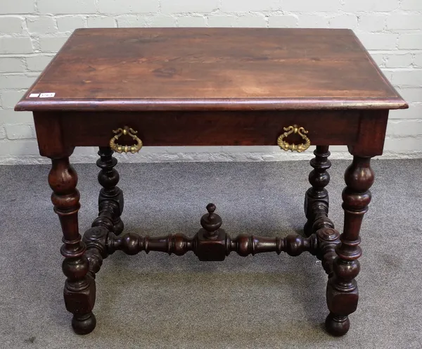 A 17th century walnut single drawer side table, on turned supports and stretcher, 88cm wide x 76cm high.