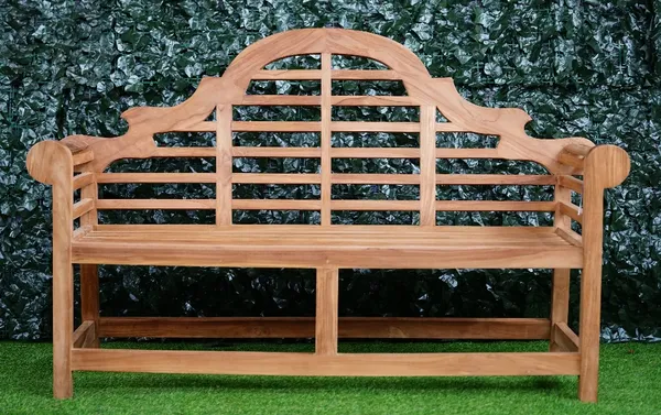 Asia Approach; a hardwood Lutyens design garden bench, 167cm wide x 105cm high.