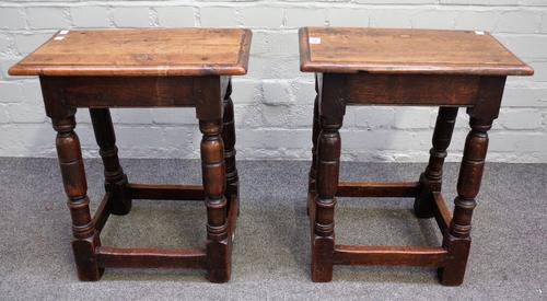 Two similar 17th century style oak joint stools, with moulded rectangular tops, on splayed turned and square section legs, one 46cm wide x 30cm deep x