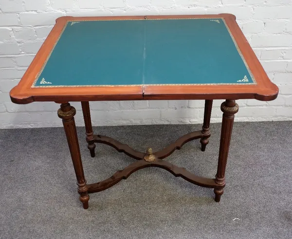 A late 19th century French gilt metal mounted marquetry inlaid walnut card table, on tapering fluted supports, 73cm wide x 76cm high.