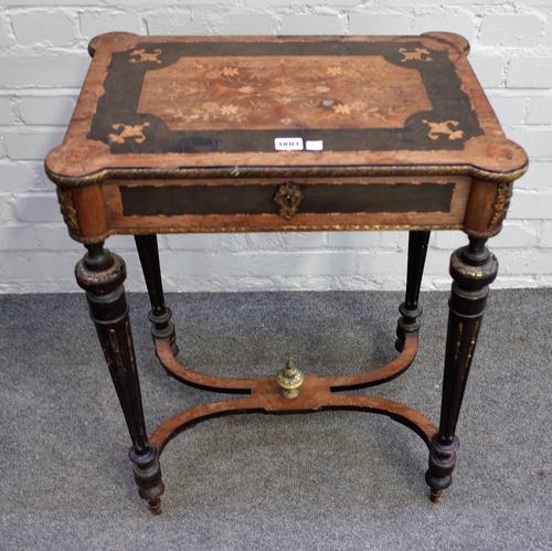 A late 19th century French gilt metal mounted marquetry inlaid rosewood dressing table, on fluted supports united by an X-frame stretcher, 56cm wide x