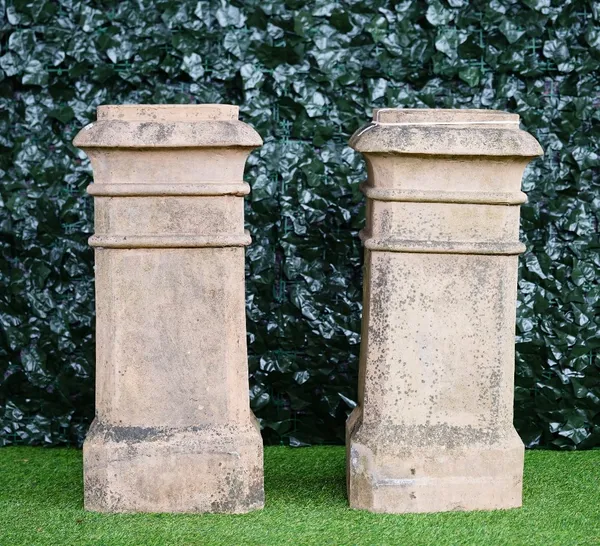 Doulton Lambeth; a pair of stepped square terracotta chimney pots, 37cm wide x 80cm high, (2).