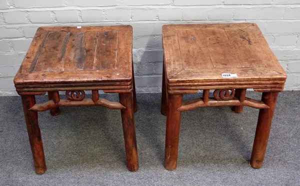 A pair of late 19th century square Chinese hardwood tables, with open carved frieze on turned supports, 43cm wide x 48cm high.