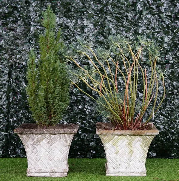 A pair of reconstituted square stone planters with flared lattice moulded bodies, 48cm wide x 38cm high.