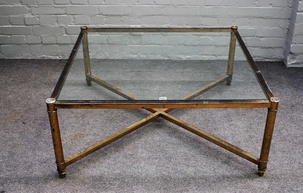 A mid 20th century glass and lacquered brass square coffee table, on turned supports united by a stretcher, 100cm wide x 42cm high.