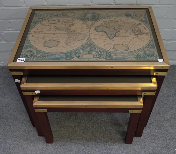 A nest of three campaign style brass bound mahogany occasional tables, with inset map tops, the larger 64cm wide x 46cm high.