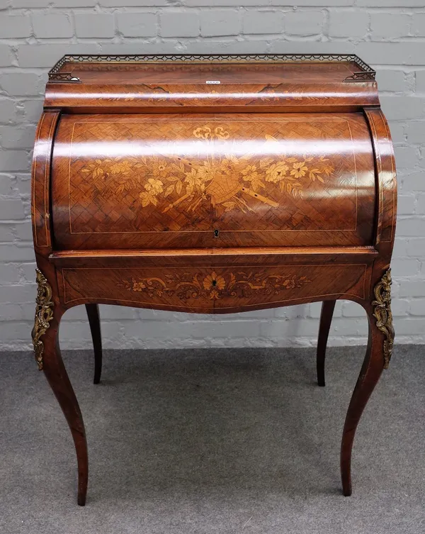 A late 19th century French floral marquetry inalid rosewood cylinder bureau, on cabriole supports, 81cm wide x 105cm high.