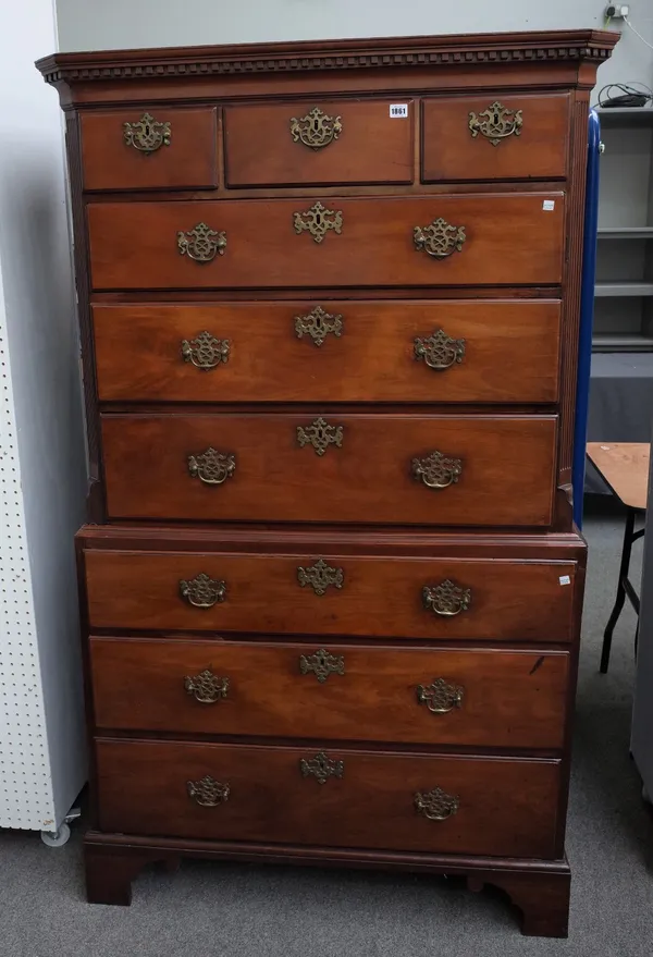 A George III mahogany chest on chest, of two short and six long graduated drawers, on bracket feet, 106cm wide x 181cm high.