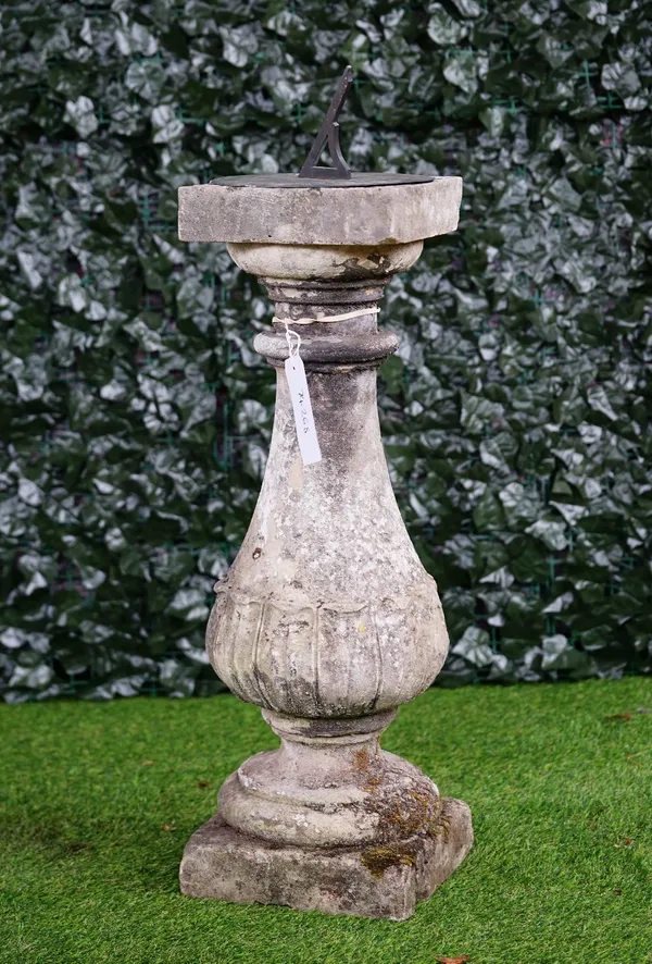 A 19th century sundial, on semi-acanthus carved sandstone baluster column and square base, 82cm high.