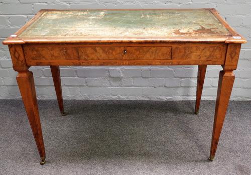 A Victorian walnut, burr walnut veneered boxwood strung and banded writing table, with inset top, frieze drawer and square tapering legs, 104cm wide x