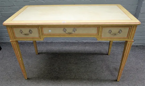 An 18th century French style duck egg blue and yellow three drawer dressing table, on tapering square supports, 122cm wide x 77cm high, together with