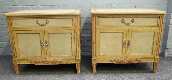 A pair of 18th century style French duck egg blue and yellow painted side cabinets, each with a single drawer over cupboards on tapering square suppor