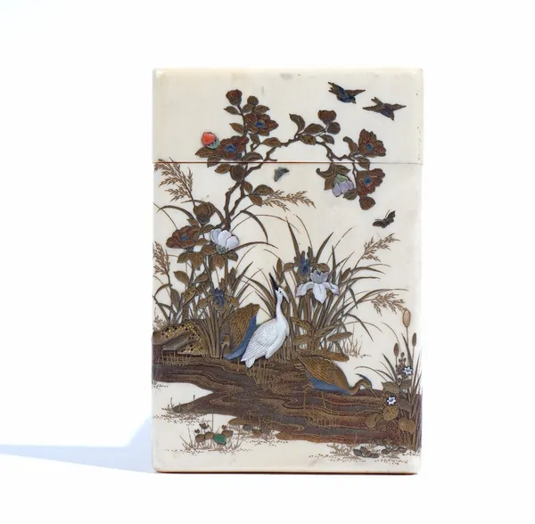 A Japanese Shibayama type card case, Meiji period, inlaid with birds amongst flowering shrubs, 9.5cm high, also a Japanese Shibayama type fan decorate