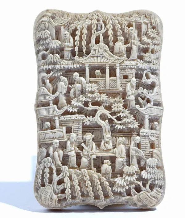 A Chinese export ivory card case, 19th century, of shaped rectangular form, profusely carved with figures amongst pavilions and trees, 10.5cm high.Wei