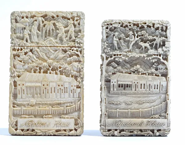 Two Chinese export ivory card cases, 19th century, each carved with titled scenes of 'Napoleon's House' and 'Napoleon's Tomb', 9.5cm and 10cm high. We