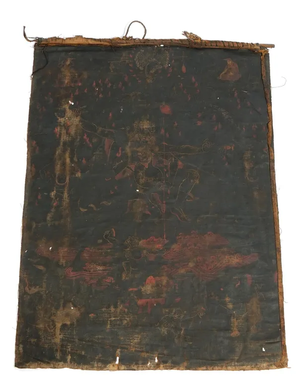 A Tibetan black-ground thangka, 17th/18th century, on cloth, probably depicting the female deity, Vajrayogini, the reverse with an inscription in Tibe