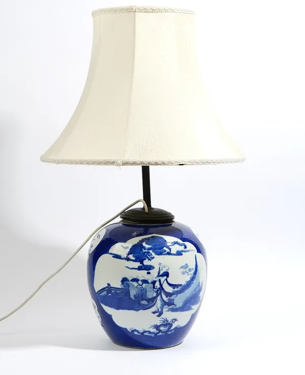 A large Chinese powder blue-ground blue and white oviform vase adapted as a lamp, late 19th century, painted with two large figurative panels and smal