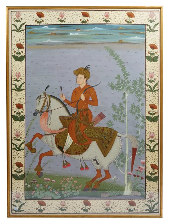 A large Persian painting, 20th century, gouache on paper, painted with an archer on horseback, the border painted with  single flowers, 113cm. by 81cm