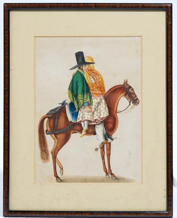 Chinese school, circa 1840, Peruvian couple on a horse, watercolour on rice paper, 21cm. by 16cm., mounted, framed and glazed.