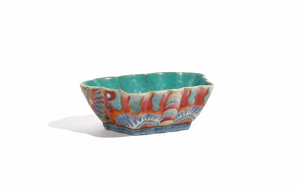 A Chinese famille-rose `butterfly' bowl, iron-red Tongzhi mark and probably of the period, The interior of solid turquoise, the exterior with brightly