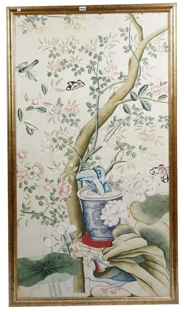 A pair of Chinese panels, late 19th/20th, watercolour on paper, painted with jardinieres, flowering plants, birds and insects, 139 x 75cm., framed, (2