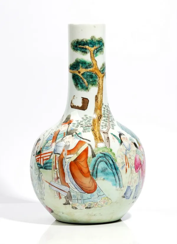 A Chinese famille-rose bottle vase, 20th century, painted with an official and attendants in a landscape, 39cm. high.