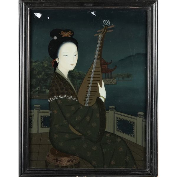 A pair of Chinese reverse glass paintings, 19th/ 20th century, one painted with a seated young woman playing the Liuqin, the other with a young woman