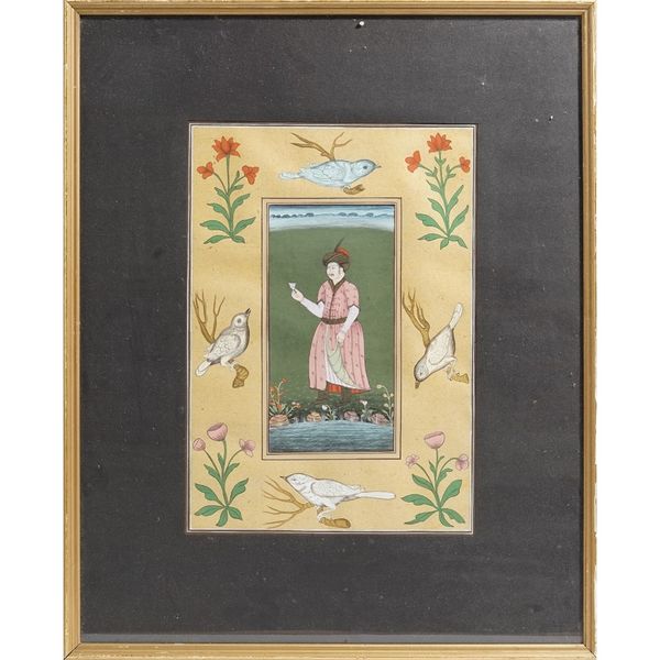 A Persian miniature, 20th century, gouache on paper, painted with a figure standing by a stream, the border painted with birds and flowers, 33cm x 23c