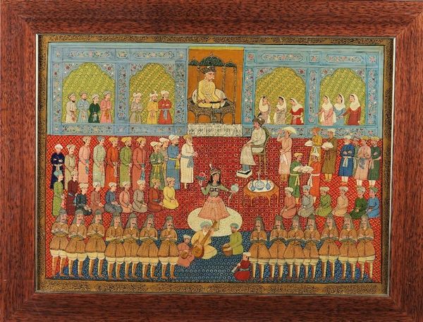 Indian School, 20th century, oil painting on board, palace interior scene with various figures, a dancer and musicians, 40cm x 56cm, framed.