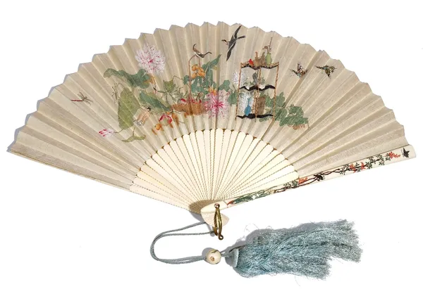 A Japanese ivory and shibayama fan, Meiji period,  the paper leaf painted one one side with fish, the reverse painted with birds and insects amongst f