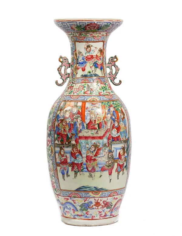 A Chinese famille- rose two-handled baluster vase, 19th century, painted on one side with a large panel depicting a battle scene, the reverse with off