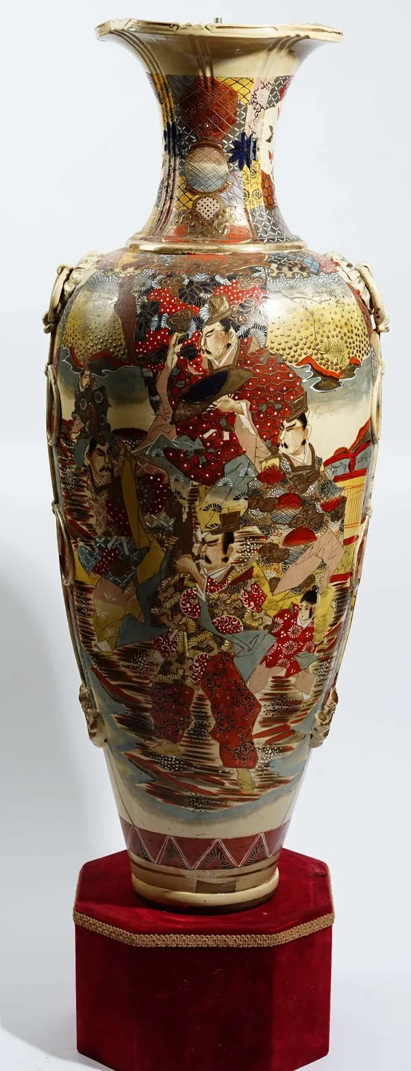 A very large Japanese Satsuma floor vase, early 20th century, painted with samurai warriors beneath brocade shoulders and neck, moulded ring and tasse