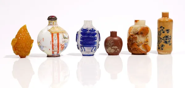 Six Chinese snuff bottles, late 19th/20th century, comprising; an enamelled bottle painted with figures; a blue overlay glass bottle, a Yixing stonewa