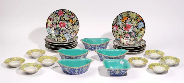 A Chinese porcelain five- piece blue- ground hors d'oeuvres set, late 19th/20th century, each dish enamelled with flowers, turquoise interiors, 37.5cm