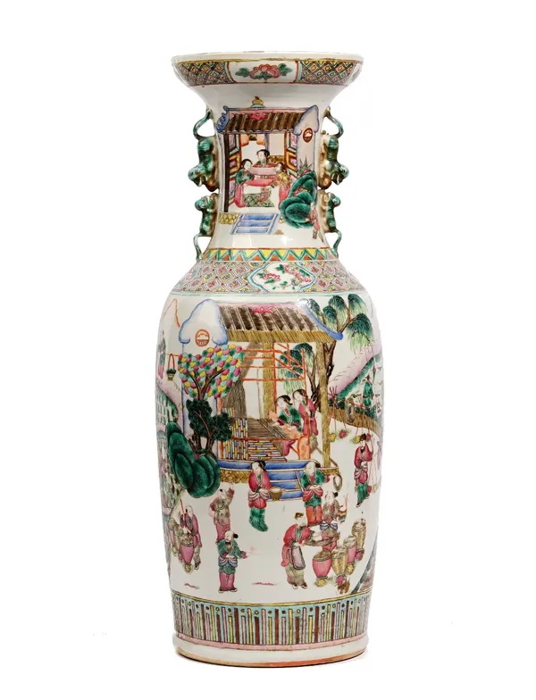 A Chinese famille-rose baluster vase, 19th century, painted with figures engaged in various activities including figures in a rice field, 60cm. high.