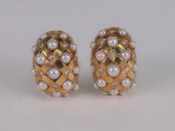 A pair of 18ct gold, cultured pearl and diamond set earclips, of bombé lattice design, set with alternating graduated cultured pearls and circular cut