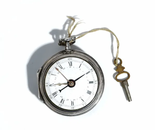 A George III silver twin cased, openfaced, key wind gentleman's calendar pocket watch, the gilt fusee movement with a verge escapement, scroll pierced