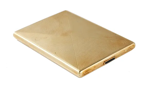 A Charlton & Co New York gold rectangular cigarette case, presentation inscribed within, the interior sprung fitting detailed 14 K 608, the exterior i