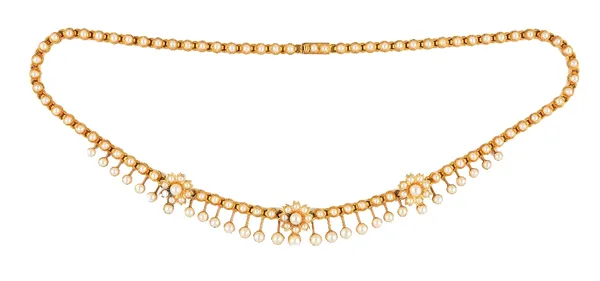 An Edwardian gold and half pearl set collar necklace, the front with three flowerhead motifs at intervals and otherwise with a row of graduated half p