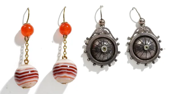 A pair of banded red and grey agate bead earrings, each with a cornelian bead surmount, the tops with wire fittings and a pair of pendant earrings, ea