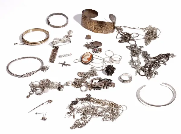 Mostly silver jewellery, comprising; five bangles, five pendants with neckchains, twenty-four necklaces and chains, five rings, four bracelets, twelve