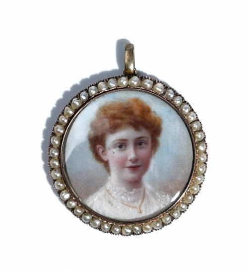 A gold and seed pearl set circular pendant locket, circa 1910, glazed with a portrait miniature of a lady within a surround of seed pearls, the back g