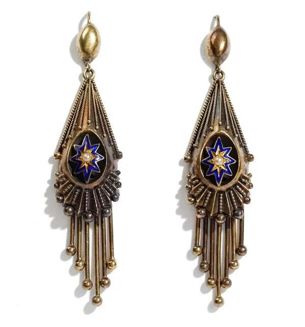 A pair of Victorian gold, blue enamelled and half pearl set pendant earrings, each mounted with a central half pearl within a blue enamelled star shap