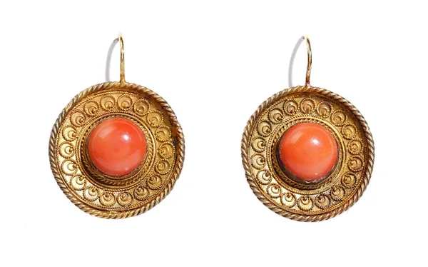 A pair of gold and coral earrings, each of circular dished form mounted with a coral bead to the centre, otherwise with wirework applied decoration wi