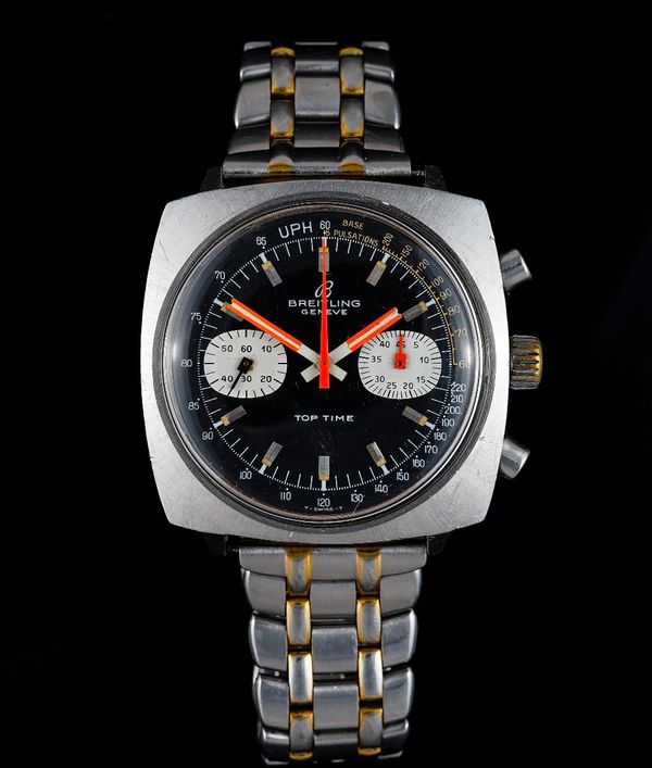 A Breitling Geneve Top Time steel cased gentleman's chronograph wristwatch, the signed black dial with orange centre seconds hand, orange and white ha