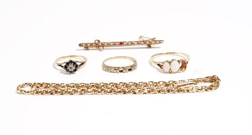 A 9ct gold ring, mounted with two oval opals, one loose oval opal, a 9ct gold, opal and diamond ring (two opals lacking), a 9ct gold, sapphire and dia