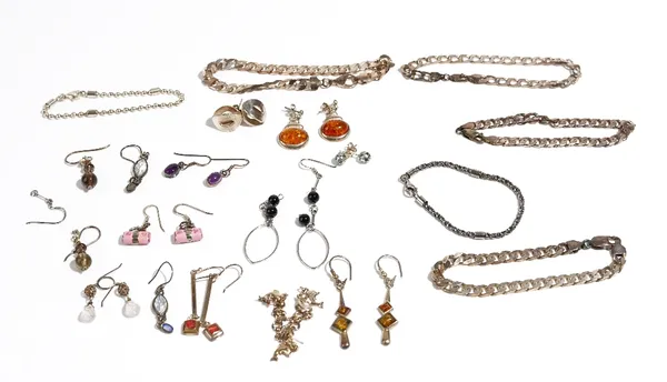 A group of mostly silver mounted jewellery, comprising; twelve pairs of earrings and six bracelets, (18).