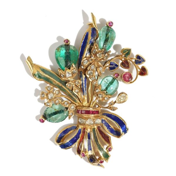 A gold, diamond, ruby, emerald, gem set and enamelled brooch, designed as a floral and foliate spray, mounted with a pear shaped diamond, rose cut dia