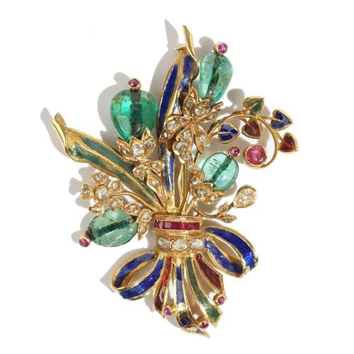 A gold, diamond, ruby, emerald, gem set and enamelled brooch, designed as a floral and foliate spray, mounted with a pear shaped diamond, rose cut dia