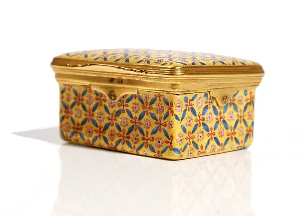 A rectangular hinge lidded enamelled box, probably South Staffordshire, circa 1800, the exterior decorated with floral motifs within blue surrounds, s